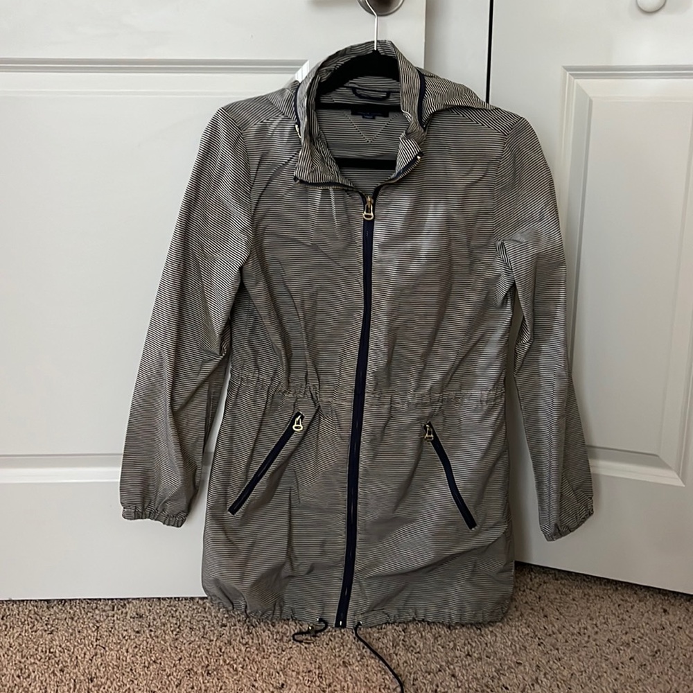 Navy Blue Striped Hooded Rain Jacket